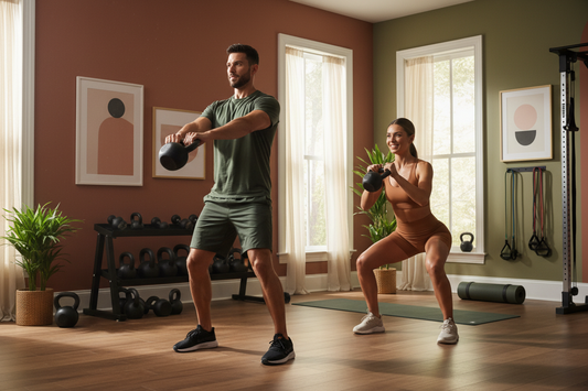 Man and Woman Working Out at Home with Kettlebells
