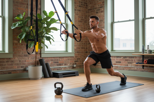 Man Working Out at Home with TRX and Kettlebells
